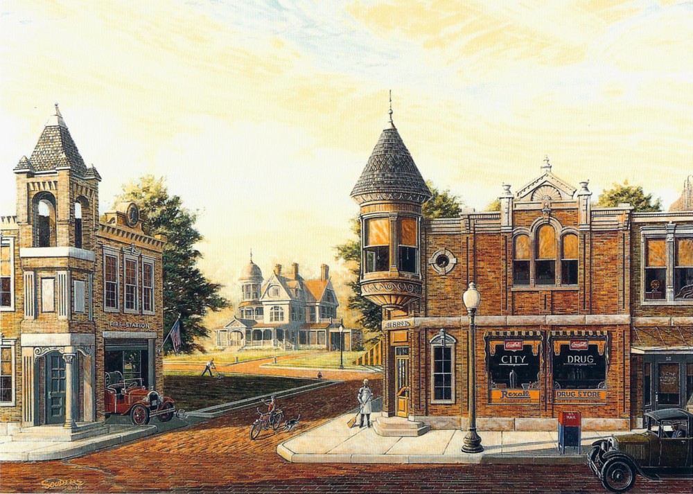 Rexall Drugstore RX Pharmacy Apothecary Fire Station Mail Box Art SIGNED Souders