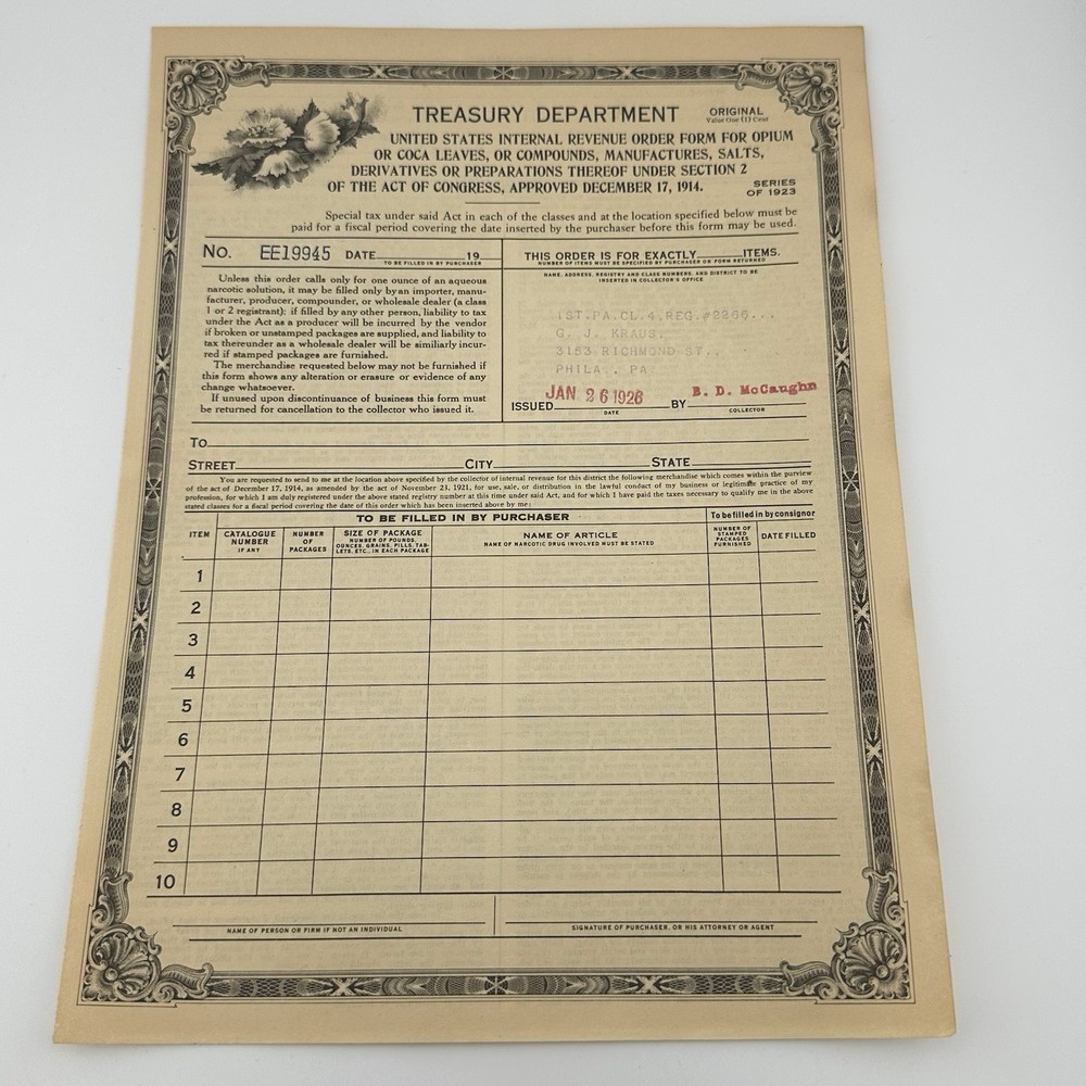 Vintage 1926 Treasury Department Opium Coca Leaves Order Form Philadelphia PA