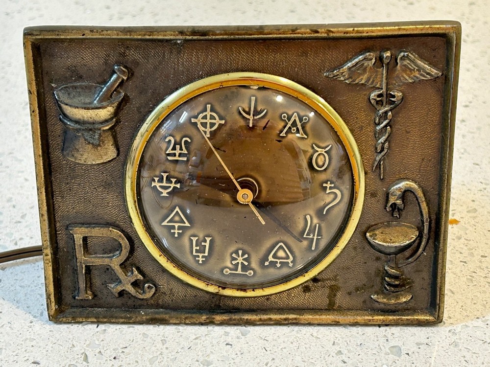 Vintage Pharmacist Apothecary with Alchemy Symbol Rx Pharmacy Desk Clock – Works