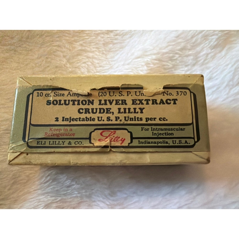 Vintage Eli Lilly Solution Liver Extract Crude apothecary Medicine Box 1942