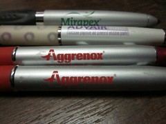 LOT OF 4 HEAVY METAL DRUG REP PENS- MIRAPEX, ADVAIR DISKUS, AND 2 AGGRENOX