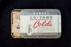 Old Medicine Tin Ramon’s Co-Tabs Cold Brown Mfg Co Le Roy NY Little Doctor NOS