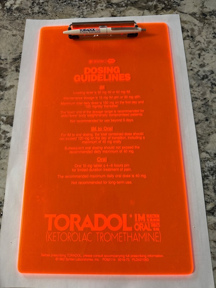 TORADOL Clipboard w/Bic Pen-Never Used-Pharmaceutical Drug Rep Promo Neon Orange