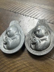 2 Parke-Davis TABRON 1950s Vintage Pharmaceutical Pewter Fetus Paperweight VGC