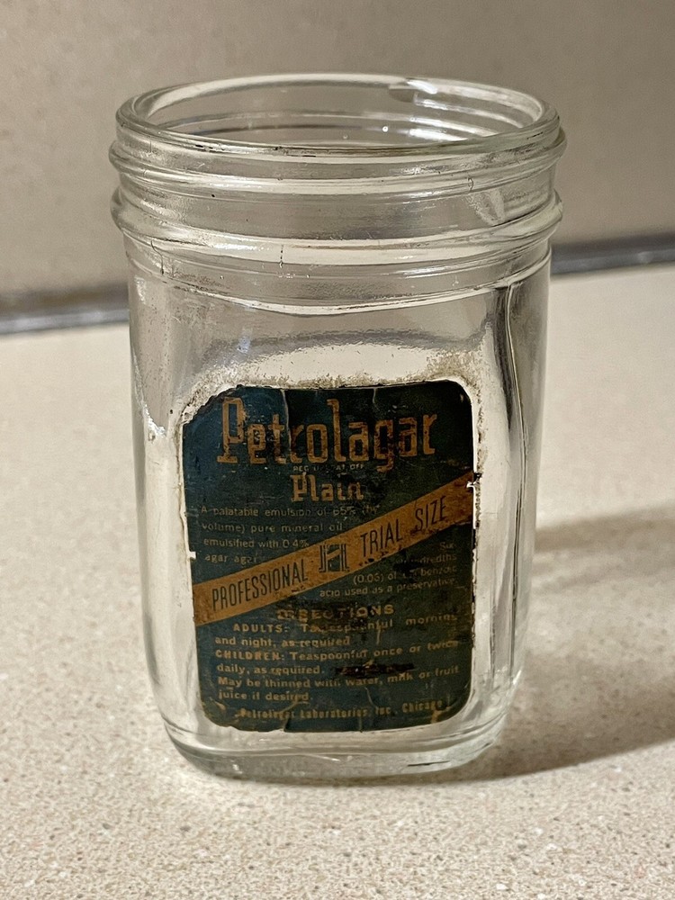 Petrolagar Laboratories Physician’s Sample Glass Jar W/ Paper Label 1940’s-50’s
