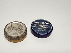 1930 Pharmacy Apothecary Bayer Saridon Bakelite Pill Box Penaten Cream Litho Tin