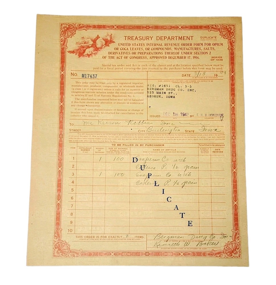 Vintage 1944 U.S. Treasury Narcotics Order Form Opium Coca Leaves Duplicate