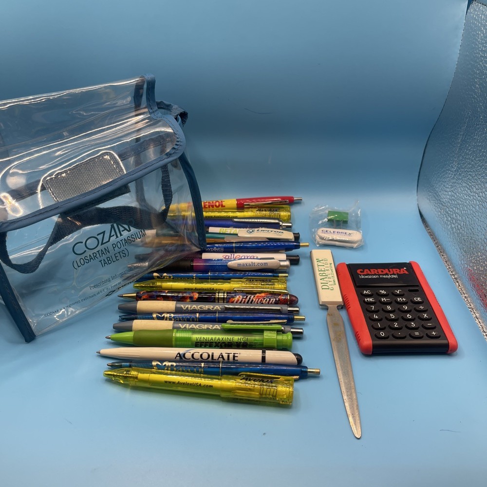 Lot 23 Pharmaceutical Drug Rep Pens, Bag, Calc, Tylenol Viagra Diflucan Etc