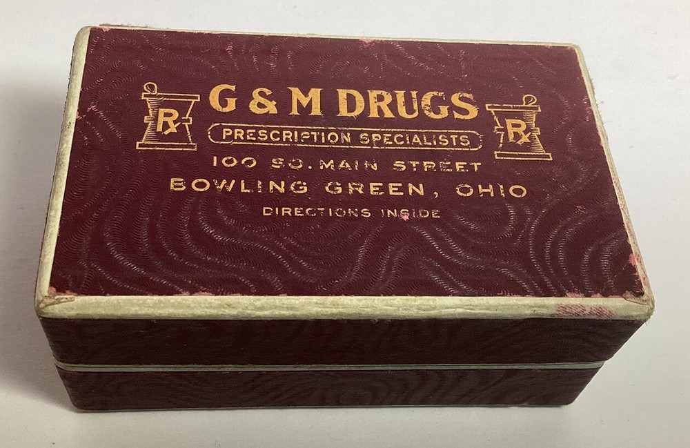 1941 VTG PRESCRIPTION CARDBOARD PILL BOX G & M DRUGS BOWLING GREEN OH DR RASOR
