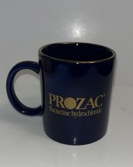 Vintage Prozac Ceramic Mug Advertising Blue Gold Rim Coffee Pharmaceutical Promo