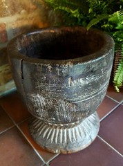 Large 17th Century apothecary hardwood mortar/Wassail Bowl? / carved detailing 