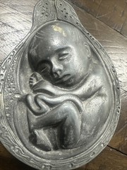 2 Parke-Davis TABRON 1950s Vintage Pharmaceutical Pewter Fetus Paperweight VGC