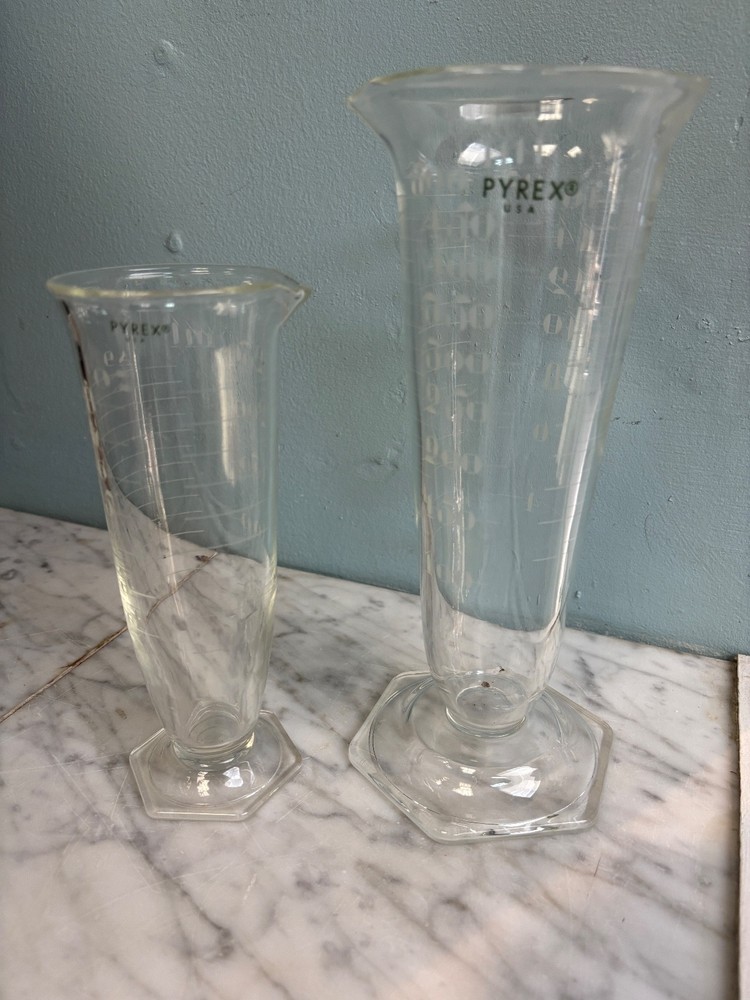 Set of 2 Antique Laboratory Hex-Footed Glass Graduated Cylindar Beakers Pyrex
