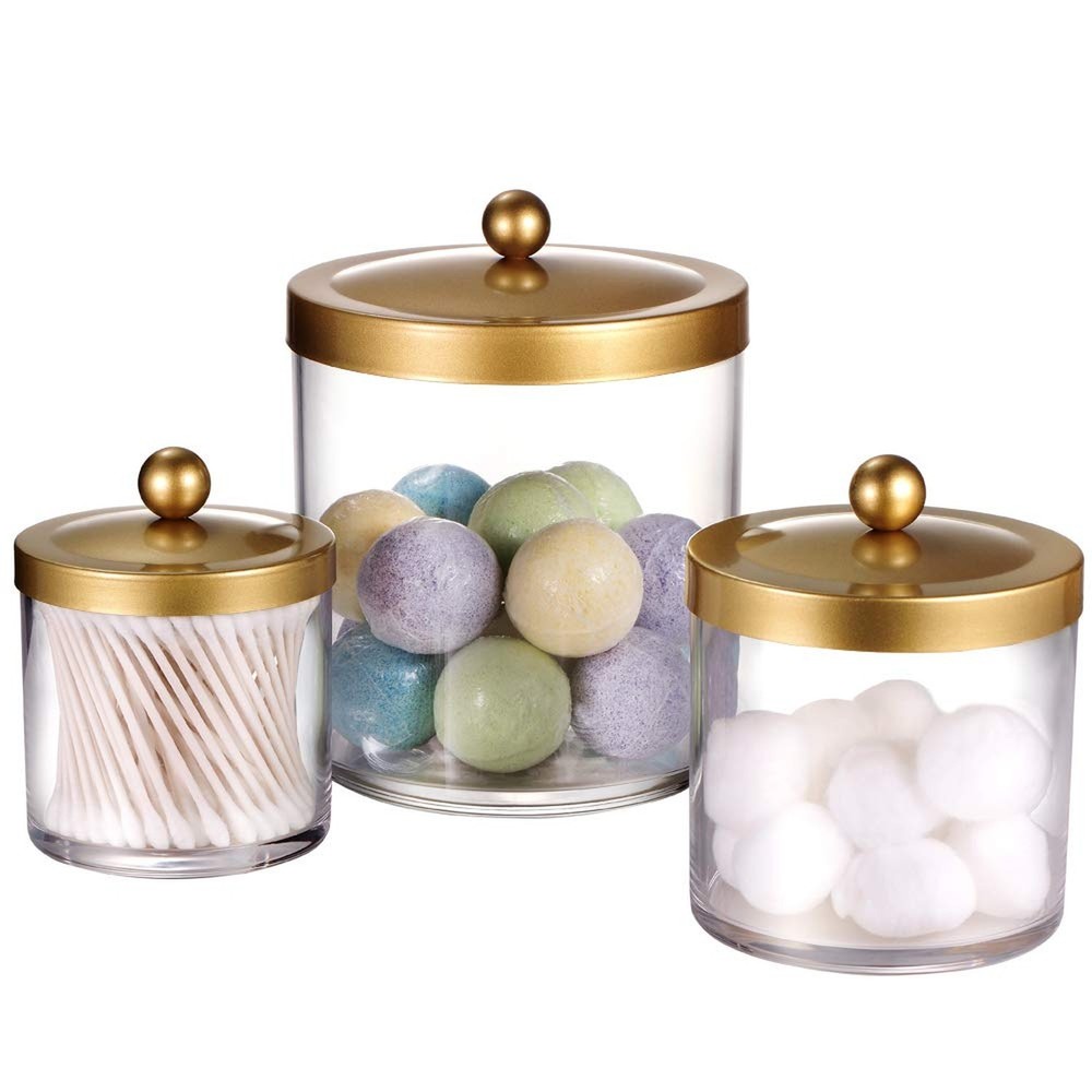 SheeChung 3-Pack Plastic Apothecary Jars with Gold Metal Lids – Large 50oz, 2…