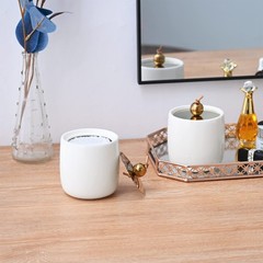 2 Pack Ceramic Qtip Holder Dispenser with Gold Lids, White Apothecary Jars Ba…