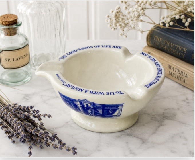 VTG Apothecary Ceramic Ashtray Blue & White Pharmacy Advertising C. Lamb Quote