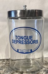 Grafco Medical Apothecary Glass Jar Stainless Lid Blue Letters Tongue Depressors