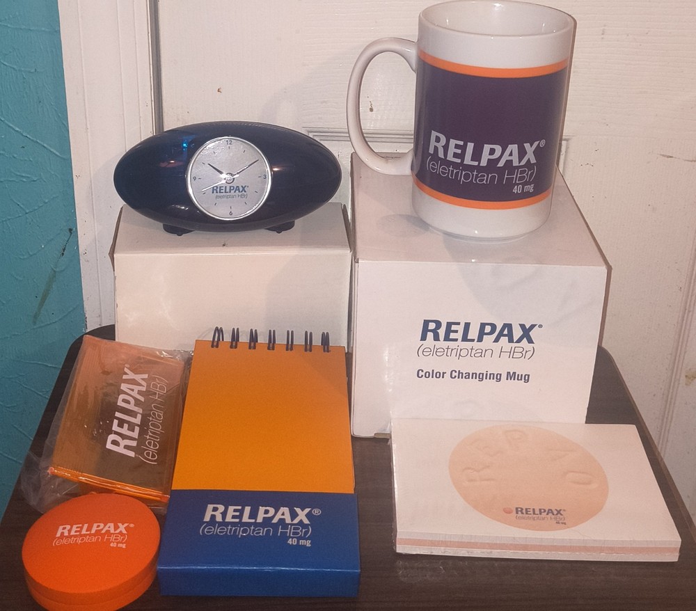 Pharmaceutical Drug Rep RELPAX LOT OF 6 Color Changing Mug, Notepad, Clock, Clip