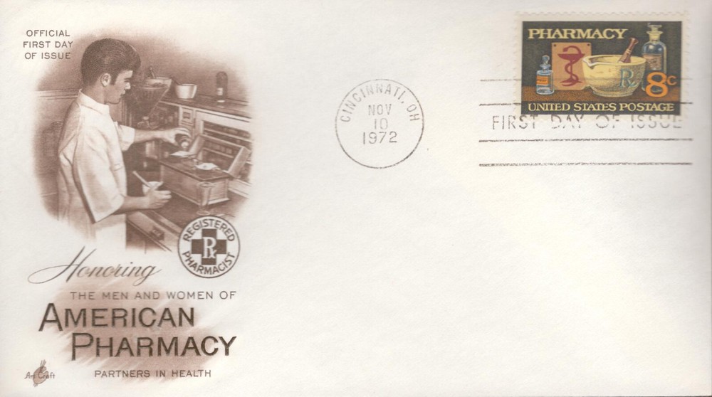 1972 First Day Cover – honoring Pharmacy – Art Craft (brown)