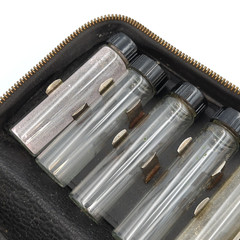 Vintage Medical Apothecary Travel Kit w/14 Glass Vials & Folding Leather Case