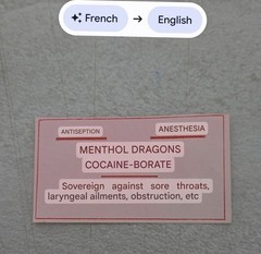 Vintage medicine label In French – Translated: Menthol Dragons/Cocaine-Borate