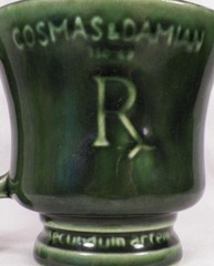 McCoy Cosmas & Damien Mug Mortar & Pestle Green Pottery Advertising Schering