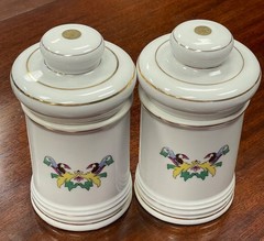 Pair Vintage Porcelain Apothecary Jar Latin Pulvis & Salsus Gold Rim DOM Japan