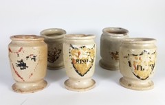 5 Rare Pharmacy Vessels / Cups, Ceramic, Southern Germany, About 1850 AL479