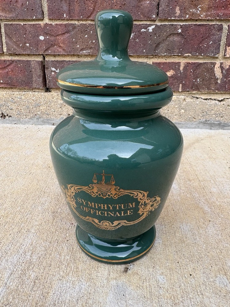 Vintage Eli Lilly Apothecary Jar „Symphytum Officinale“ Ceramic Gilt Trim 8.5″ H