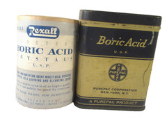 Vtg BORIC ACID PUREPAC TIN w/PARTIAL CONTENTS& REXALL SEALED CARDBOARD CONTAINER