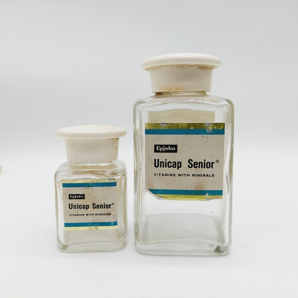 Vintage Upjohn Unicap Multivitamins Empty Bottles Collectible Jars Drug Lot Of 2