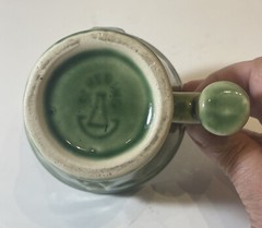 Vintage Coricidin Green Pottery Mug RX Galen Schering Pharmacy Cup Mortar Pestle