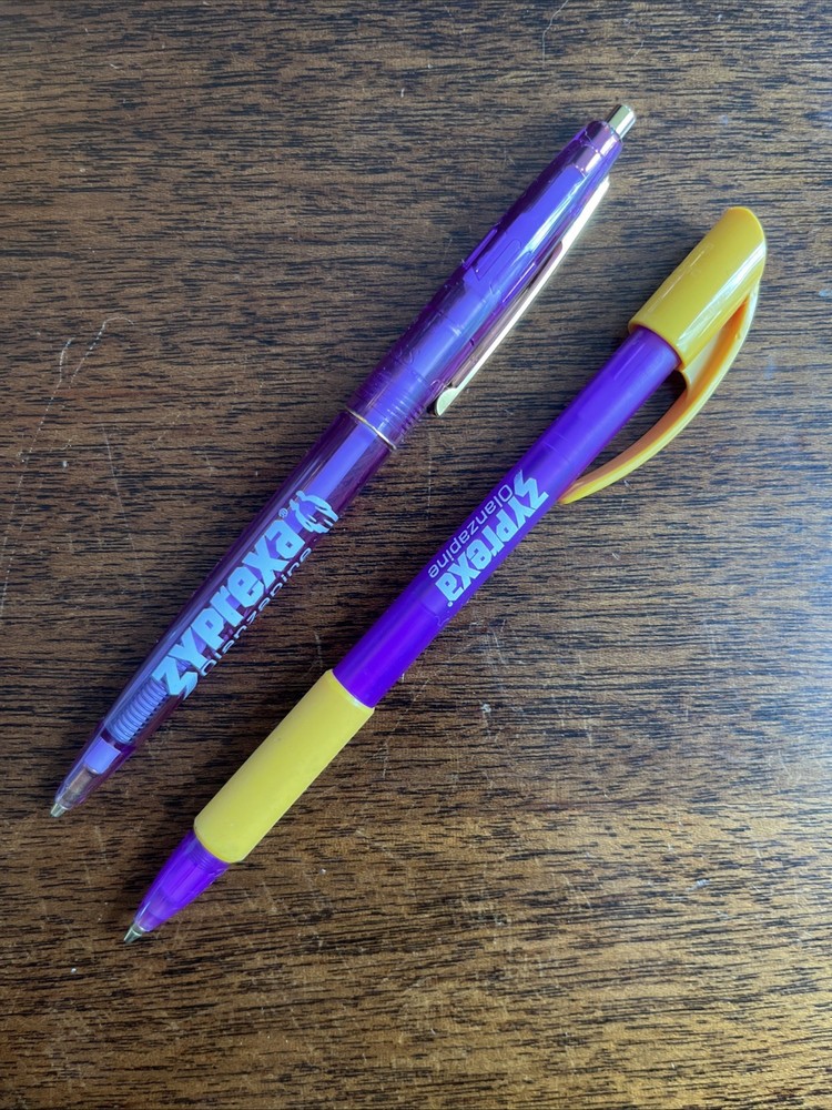 Lot of 2 Drug Rep Zyprexa Symbyax Collectible Pharmaceutical Pens Purple Lilly