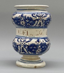 c. 1730 Italian Majolica Nove Waisted Blue & White Albarello Drug Pharmacy Jar