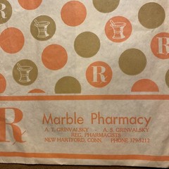 Vtg 1969-1970s Marble Pharmacy Paper Bag New Hartford Connecticut CT Advertising