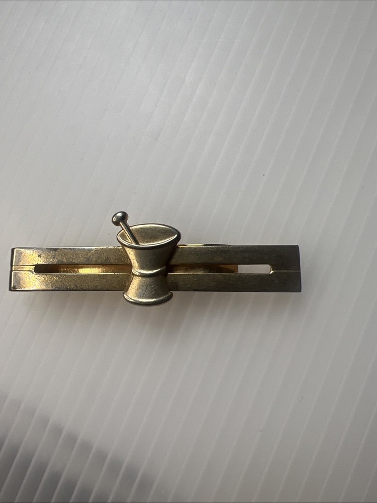 Pharmacy Apothecary Mortar & Pestel Tie Clip Tie Bar Vintage Gold Tone Anson