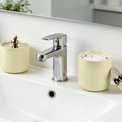 Ceramic Qtip Holder Dispenser with Gold Lids 2 Pack, Yellow Apothecary Jars B…