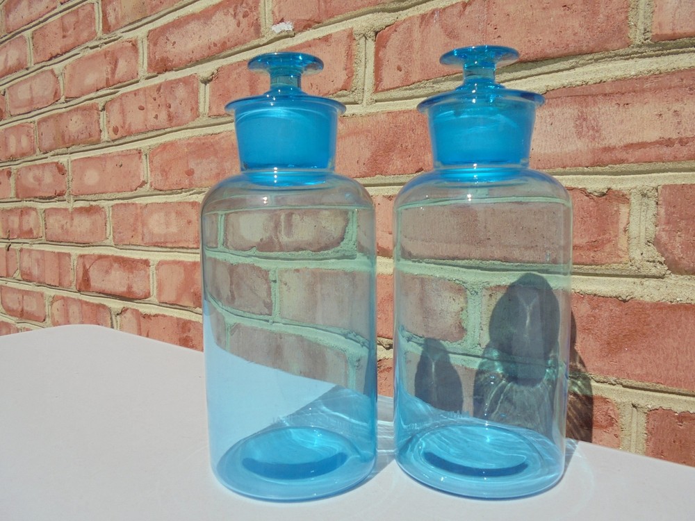 Pr Vintage Blue Glass Apothecary Jars Made in Portugal Ground Stoppers 8 3/8″
