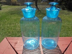 Pr Vintage Blue Glass Apothecary Jars Made in Portugal Ground Stoppers 8 3/8″