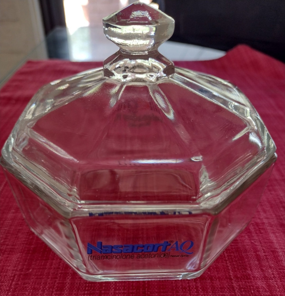 Vintage Allegra & Nasacort AQ Glass Candy Dish Pharma Rep Swag Promo 5″ w/cover