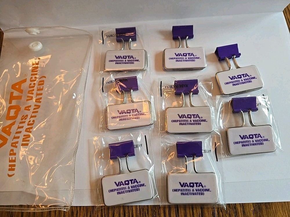 Vintage VAQTA Metal Paper Binder Clips Bag w/ 8 Clips Pharmaceutical Promo RARE