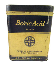 Vtg BORIC ACID PUREPAC TIN w/PARTIAL CONTENTS& REXALL SEALED CARDBOARD CONTAINER