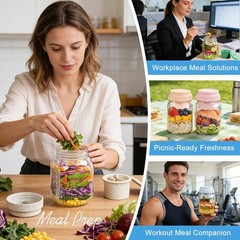 [UPGRADE] 4 Pack Green Salad Jars with Lids and Airtight Silicone Dressing Cu…