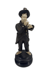 Vintage Hand Carved Chinese Ebony Figurine Boy Playing Flute on Wooden Base
