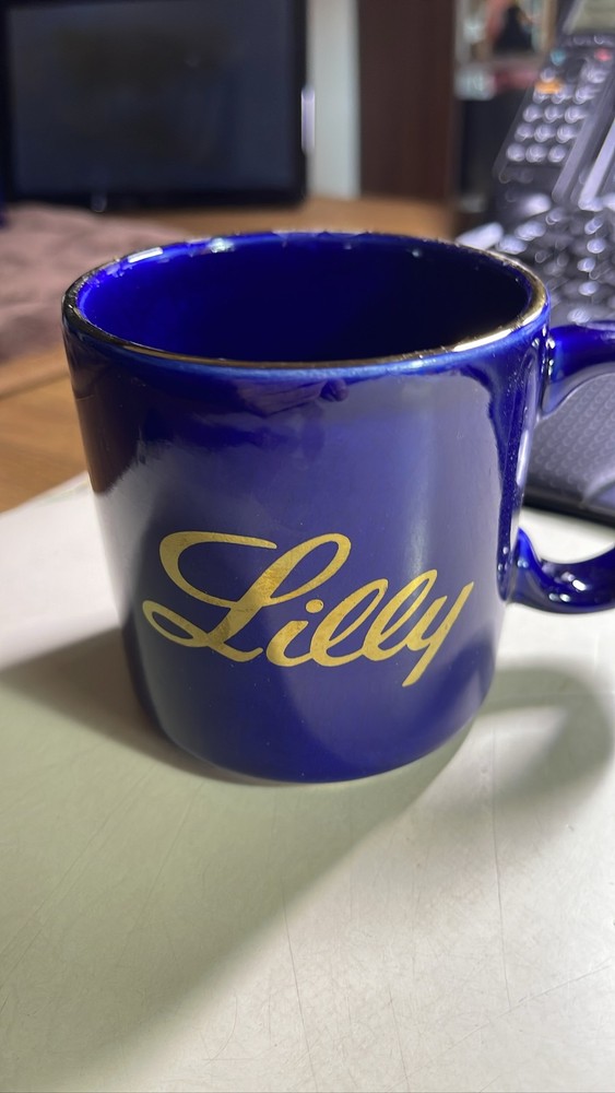 Eli Lilly Pharmaceutical Cobalt Blue Gold Coffee Mug Cup USA