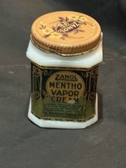 vintage Zanol Mentho Vapor Cream jar Milk Glass Good Condition 3” Tall With Lid