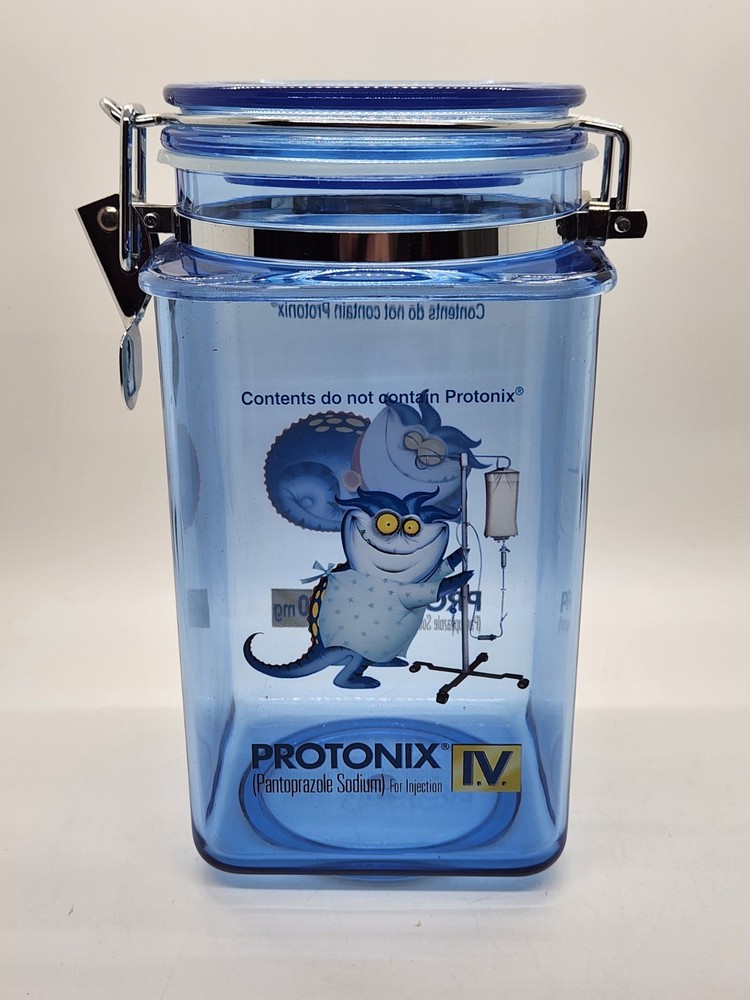 Vintage Pharmaceutical Drug Rep Protonix IV Clear Blue Plastic Canister Jar