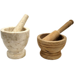 LOT of 2 Vintage 1960s 70s Mortar and Pestle * Italian MARBLE * WOOD 4″ x 4″
