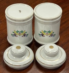 Pair Vintage Porcelain Apothecary Jar Latin Pulvis & Salsus Gold Rim DOM Japan