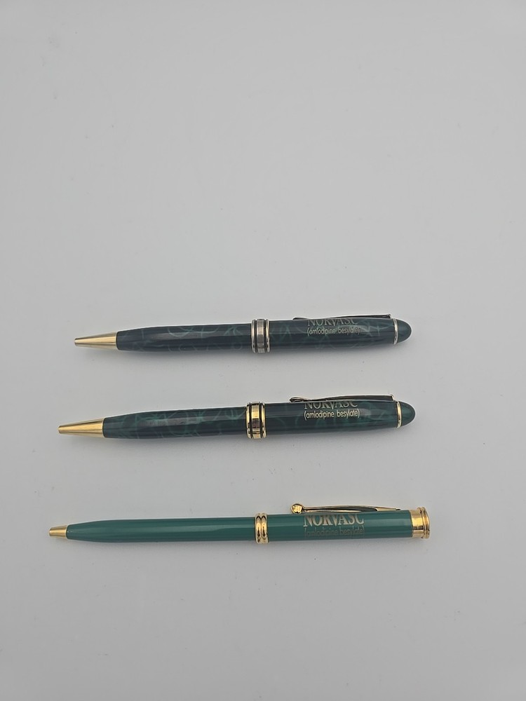 Pharmaceutical Drug Rep Pen Norvasc Gold Green Black Metal Lot 3